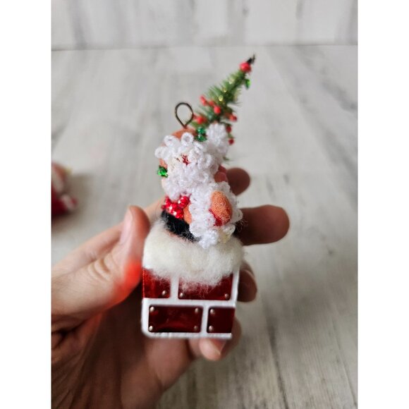 Vintage flocked Santa skier plastic chimney tree ornament beaded Xmas Santa with - Picture 12 of 15